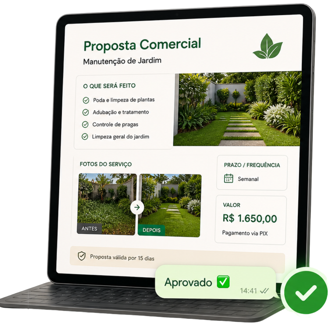 Dispositivo mostrando uma proposta comercial organizada com valor e serviços definidos